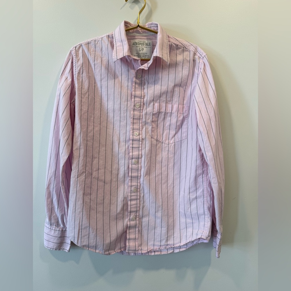 Aeropostale Men's Light Pink Striped Button Down Shirt